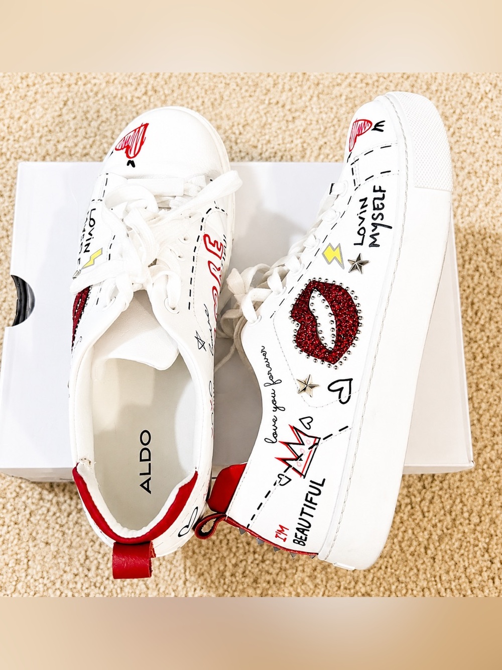Aldo White Sneakers with Red and Black Details